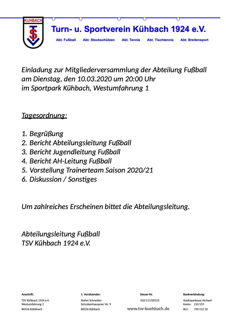 Abteilungsversammlung Fußball am 10.03.2020